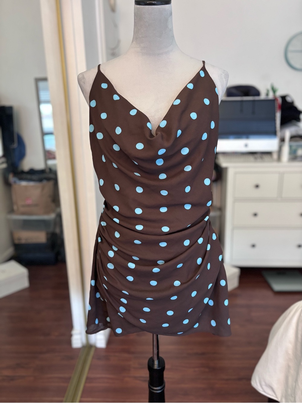 Zara Brown Mini Slip Dress with Light Blue Polka Dots